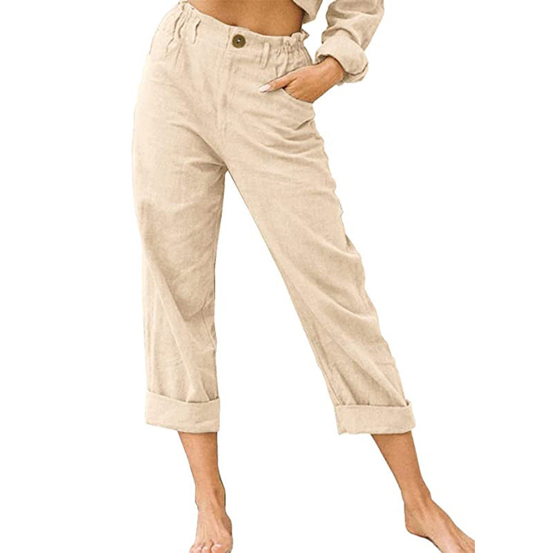 2026 European And American Women's Fashion Wish Amazon New Solid Color Cotton And Linen Fashion Loose High-Waisted Straight Casual Long Pants For Women