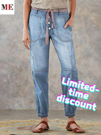 Women Cargo Jeans Light Blue Utility Denim Pants Drawstring Waist Multi Pocket Casual Jogger Jeans Wholesale US Ready Stock