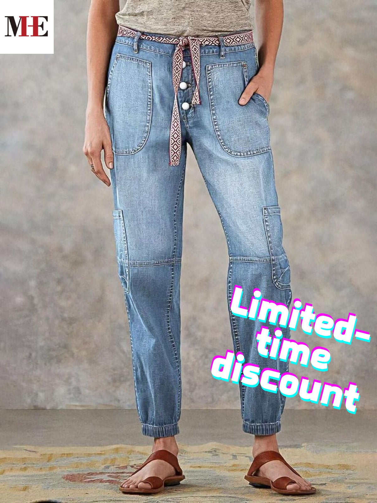 Women Cargo Jeans Light Blue Utility Denim Pants Drawstring Waist Multi Pocket Casual Jogger Jeans Wholesale US Ready Stock