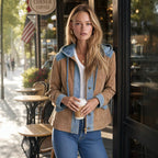 Casual Denim Patchwork Jacket With Hood For Women