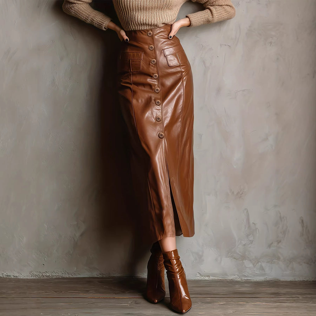 Button-front Slit High-waisted Long Sheath Skirt