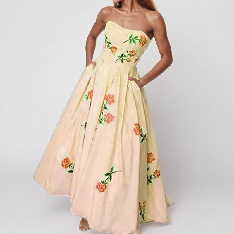New Summer Women's Clothing European And American Style Printed Dress Elegant High-Waisted Flared Strapless Gown Long Dress