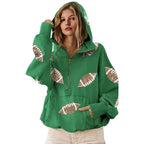 Women Half Zip Hoodie, Glitter Football Print Oversized Hooded Sweatshirt With Kangaroo Pocket