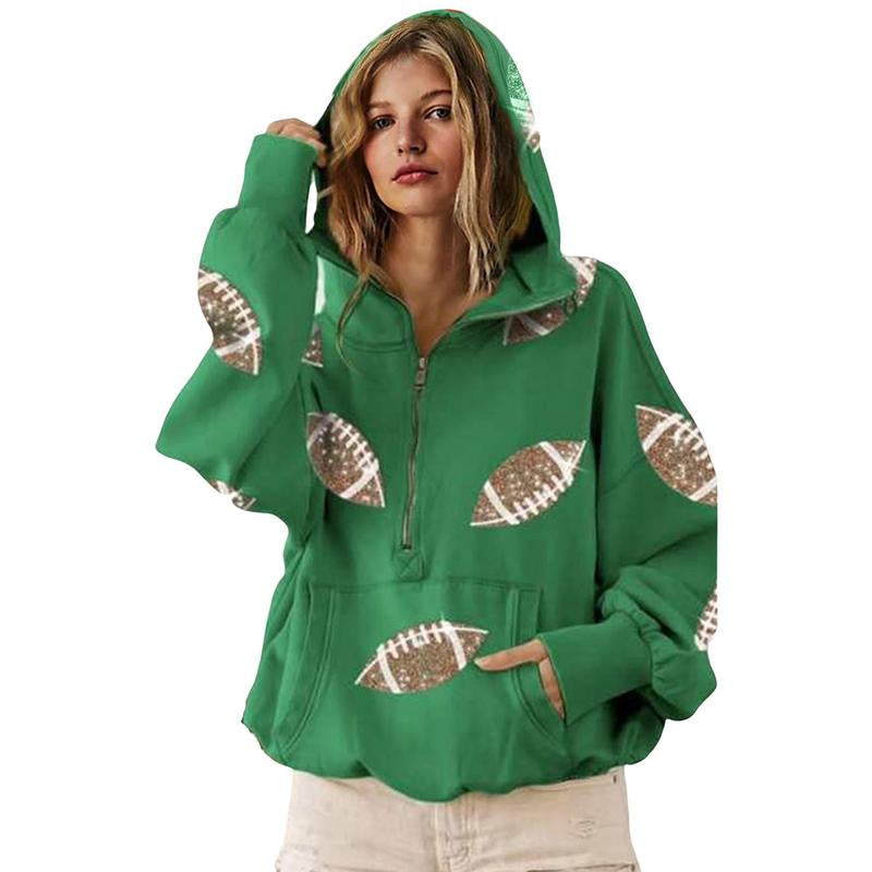 Women Half Zip Hoodie, Glitter Football Print Oversized Hooded Sweatshirt With Kangaroo Pocket