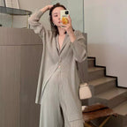 Women Pleated Cardigan Set Minimalist Casual Two Piece Outfit Long Sleeve Jacket And Pants Suit