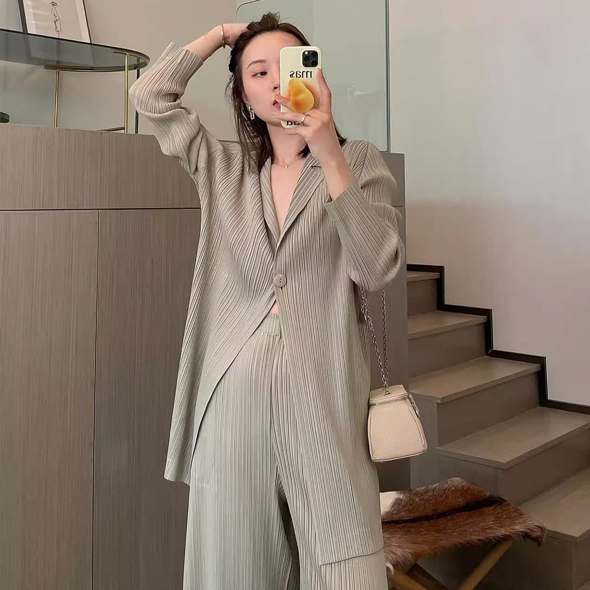 Women Pleated Cardigan Set Minimalist Casual Two Piece Outfit Long Sleeve Jacket And Pants Suit