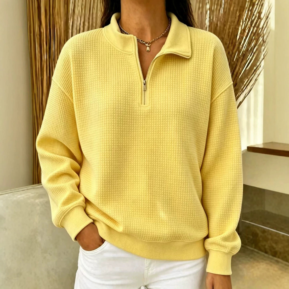 Solid Color Stand Collar Long-sleeve Zipper Stitching Women's Sweater