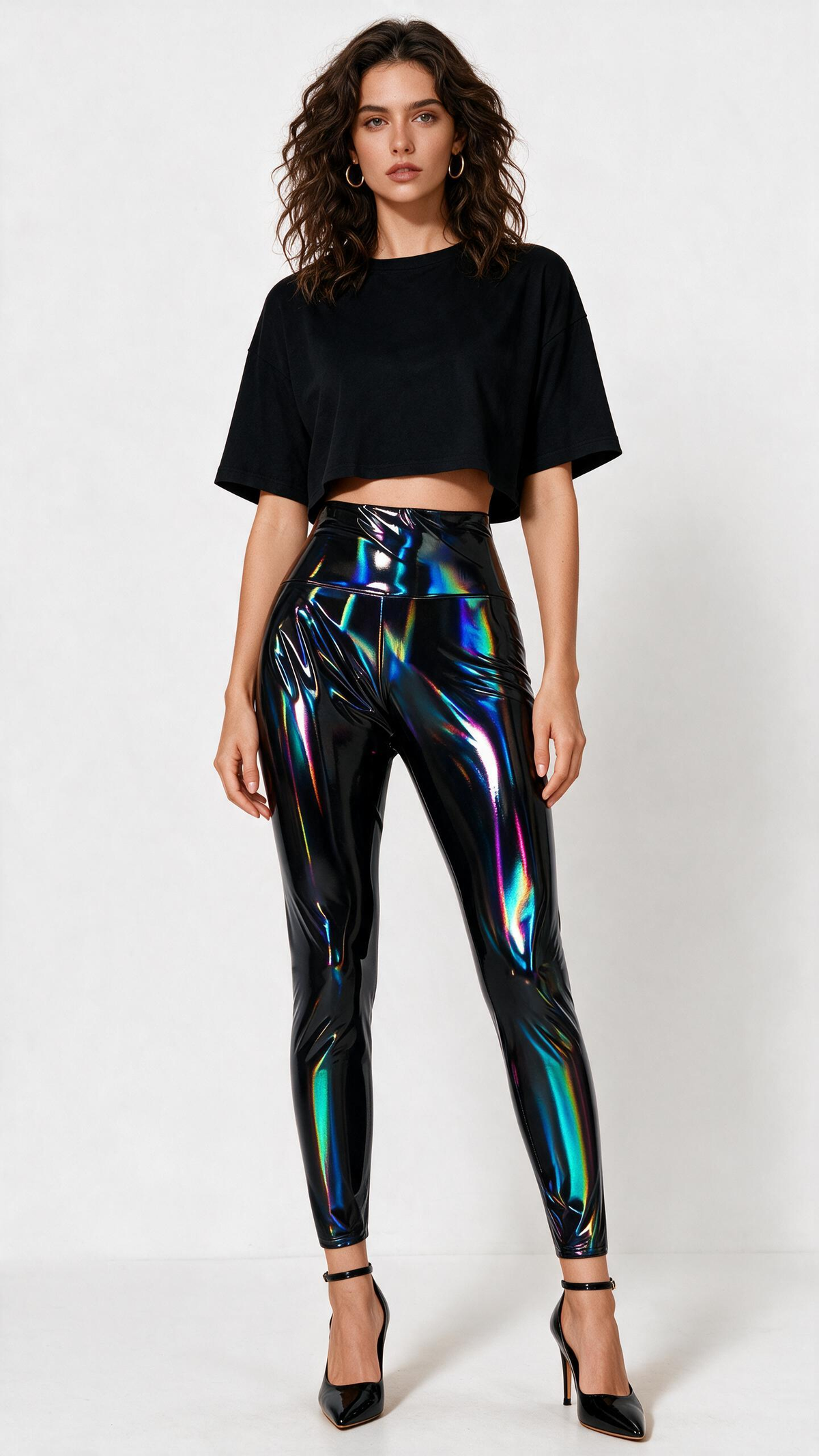 Women Holographic Metallic Patent Capri Leggings, High Waisted Shiny Iridescent 7-8 Cropped Pants For Club Party Festival