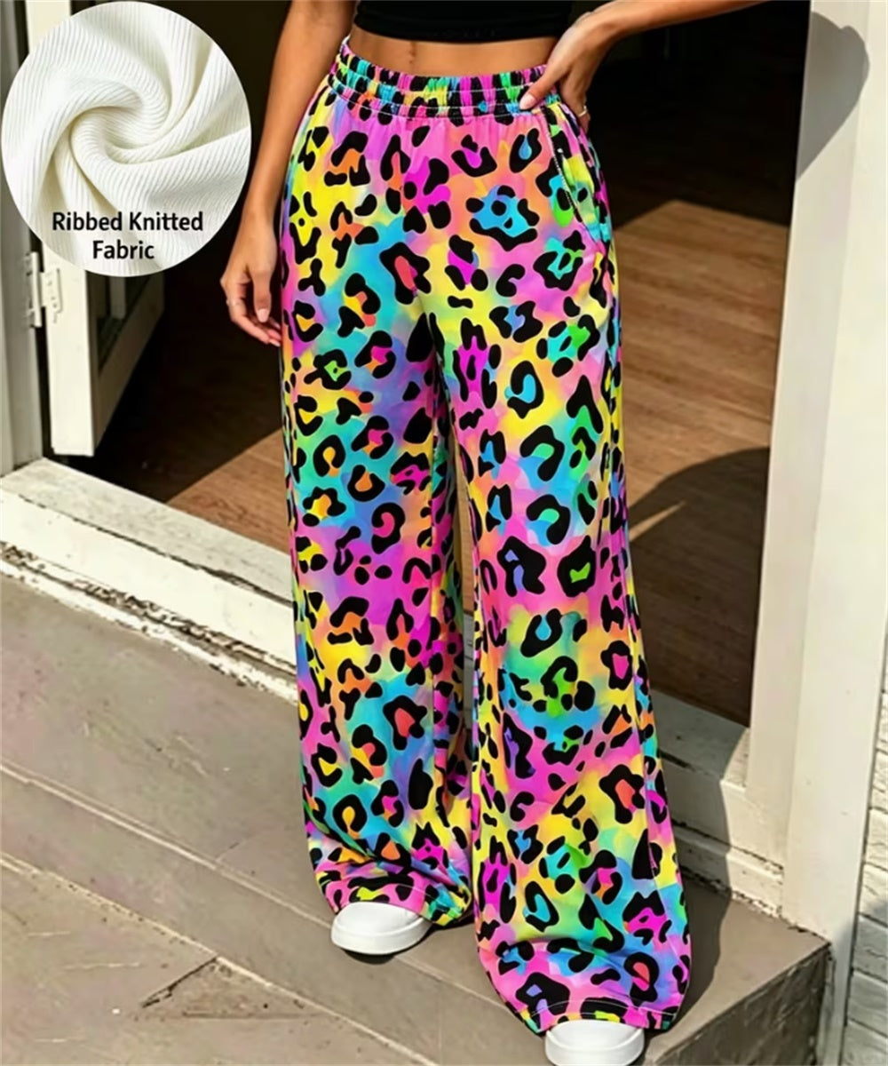 Women Ribbed Knit Wide Leg Pants, Bold Blue Orange Leopard Print High Waist Loose Casual Loungewear Trousers With Pockets