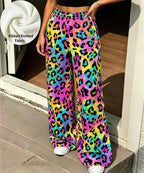 Women Ribbed Knit Wide Leg Pants, Bold Blue Orange Leopard Print High Waist Loose Casual Loungewear Trousers With Pockets
