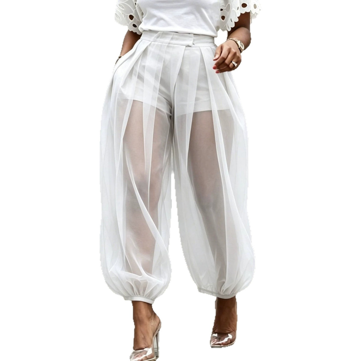 2026 European And American Cross-Border Summer New Style Semi-Transparent Mesh Solid Color Patchwork Loose Semi-Transparent Lantern Pants