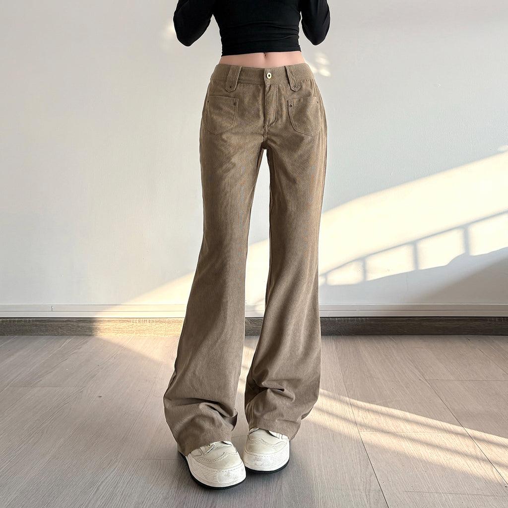 Vintage Solid-color Corduroy Slim-fit Slightly Flared Pants With Pocket Design