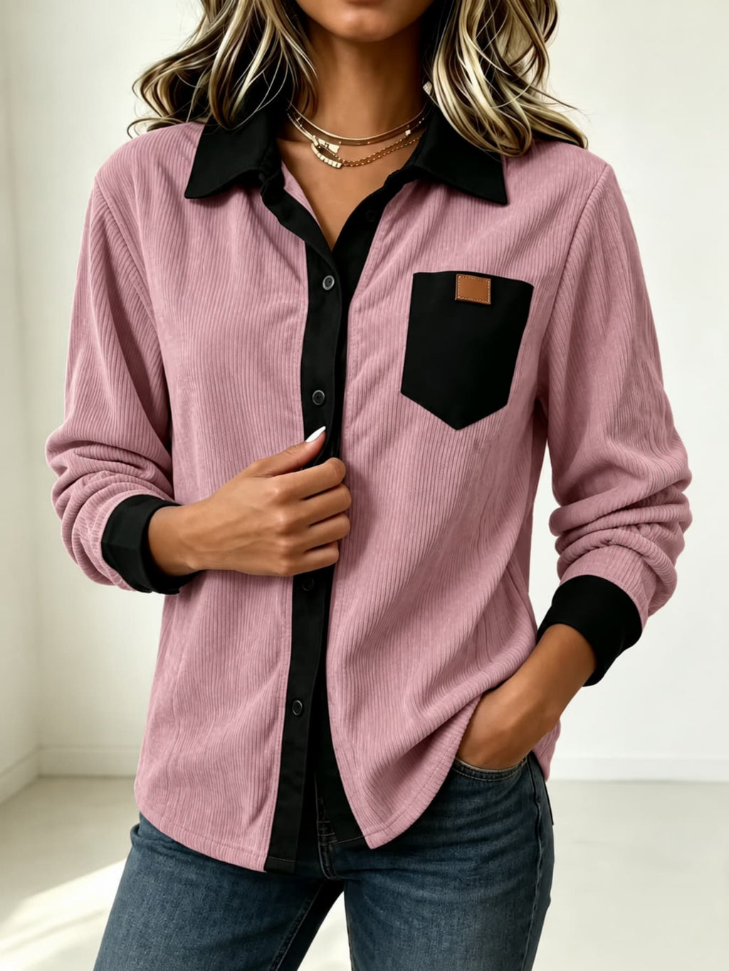 Ribbed Button Long Sleeved Shirt