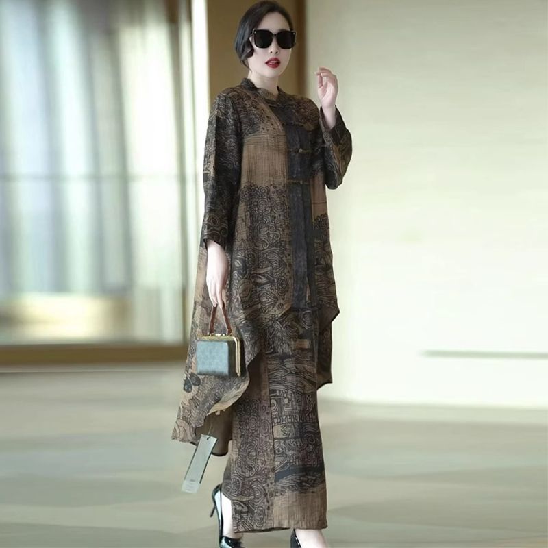 Retro Asymmetrical Top And Wide-leg Pants Two-piece Set