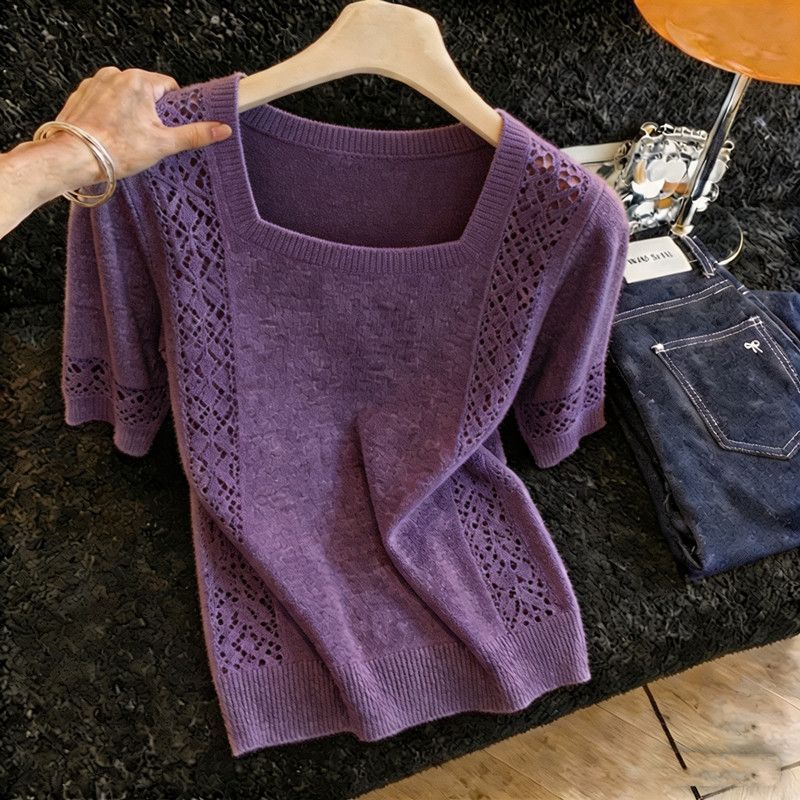 Square-neck Short-sleeve Solid-color Knit Top