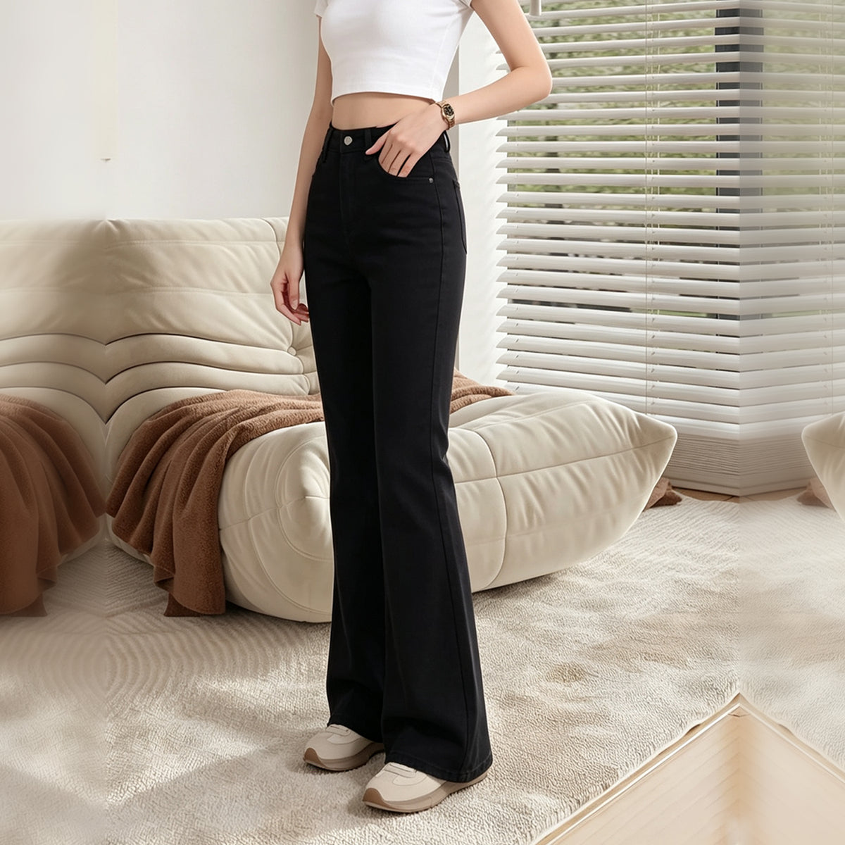 Winter Warm Fleece Lined Bootcut Denim Pants, Women High Waist Solid Black Flare Jeans