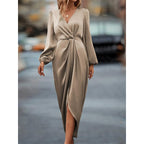 New Style Elegant Cross-Neck Pleated Slit Puff Sleeve Irregular Long-Sleeve Dress Women's Dress