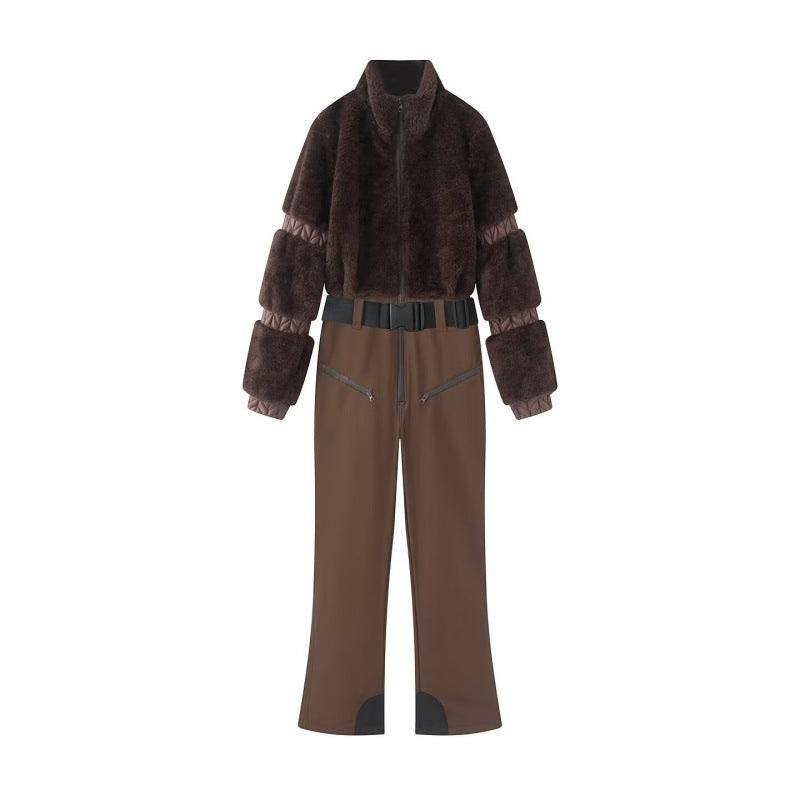 Down-filled Fur Patchwork Zip-up Thickened Fluffy Ski Jumpsuit