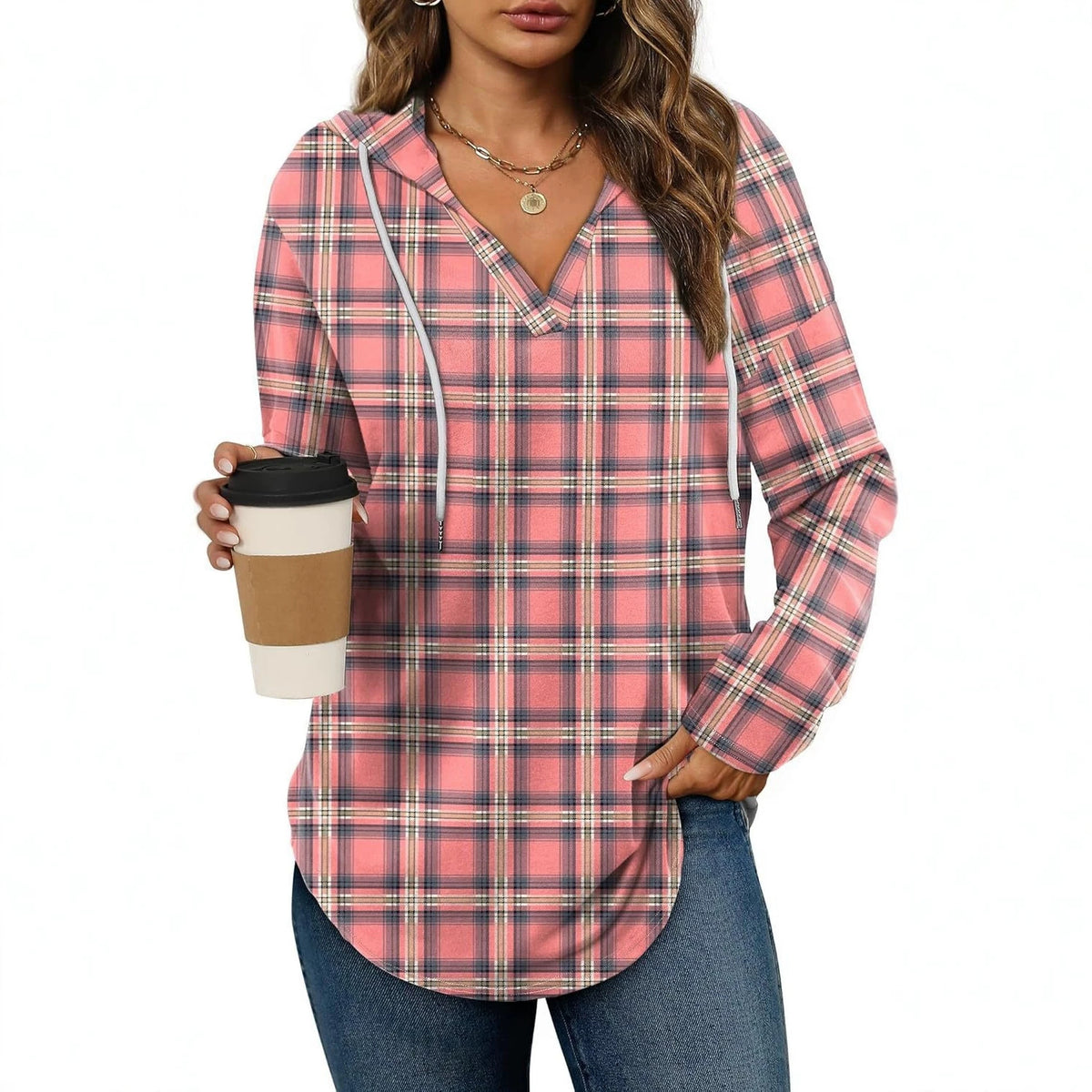 Vintage Plaid V-Neck Hooded Long-Sleeved Shirt For Women Casual Drawstring Plaid Top