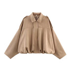 Autumn And Winter European And American Bomber Jacket Bat Sleeve Zipper Loose Suede Texture Tops Women's Casual Tops Women