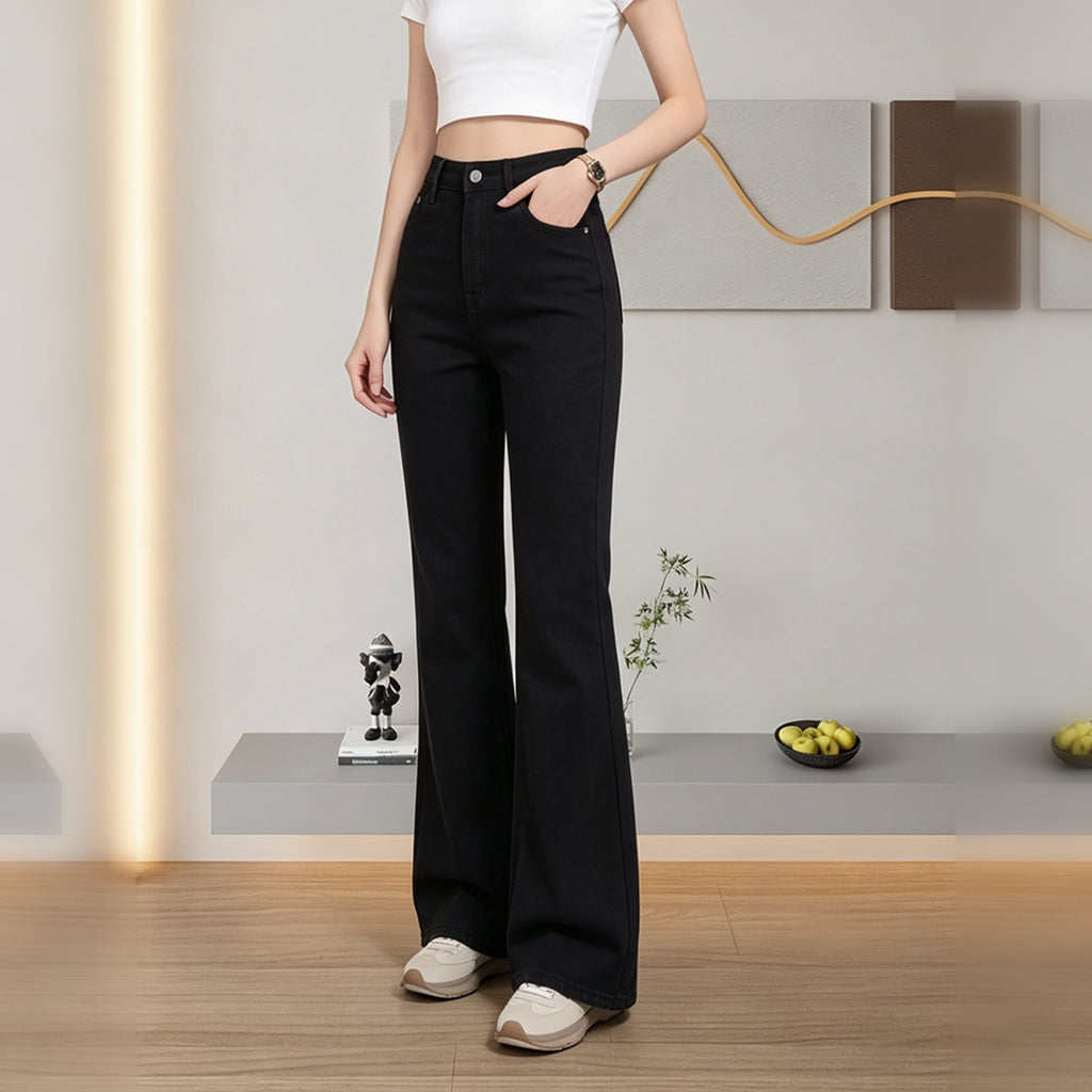 Winter Warm Fleece Lined Bootcut Denim Pants, Women High Waist Solid Black Flare Jeans