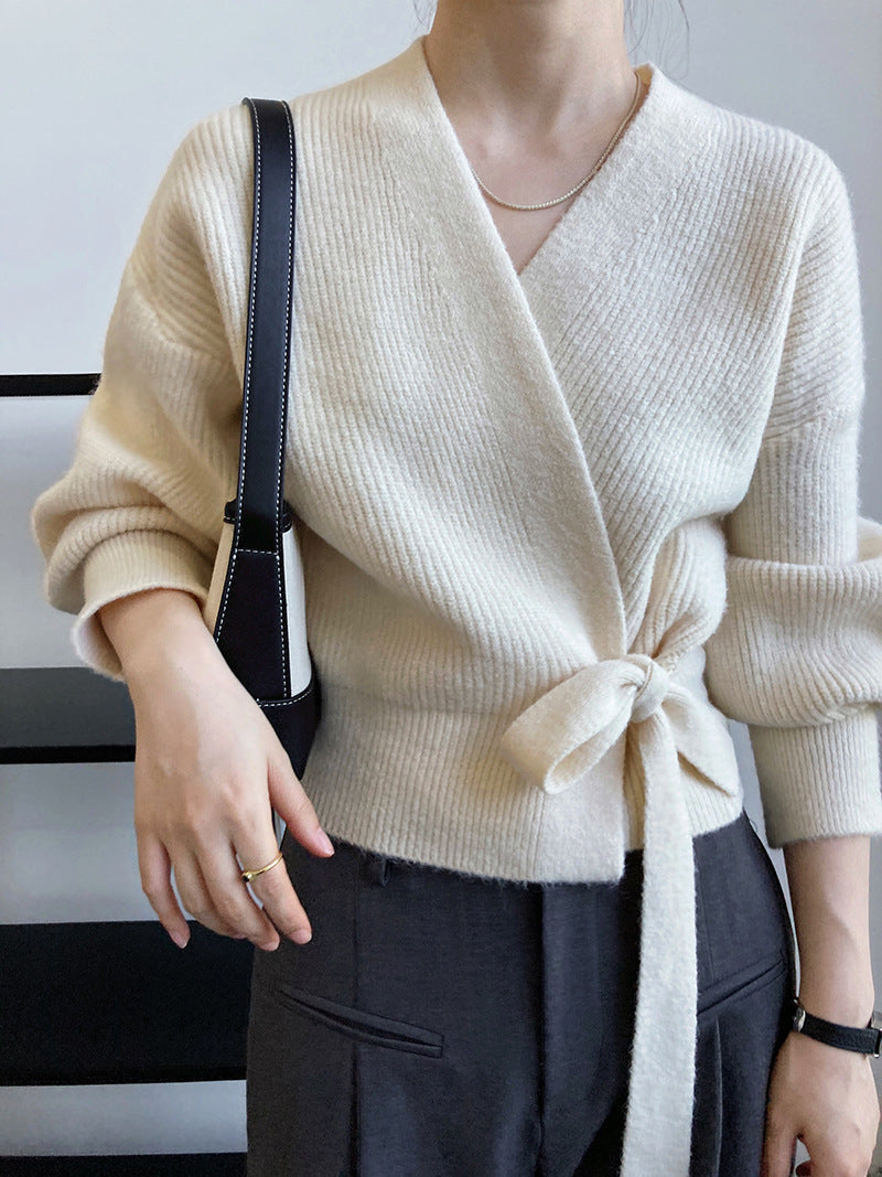 French-style Vintage Collar Lace-up Loose-fitting Knit Cardigan For Outerwear