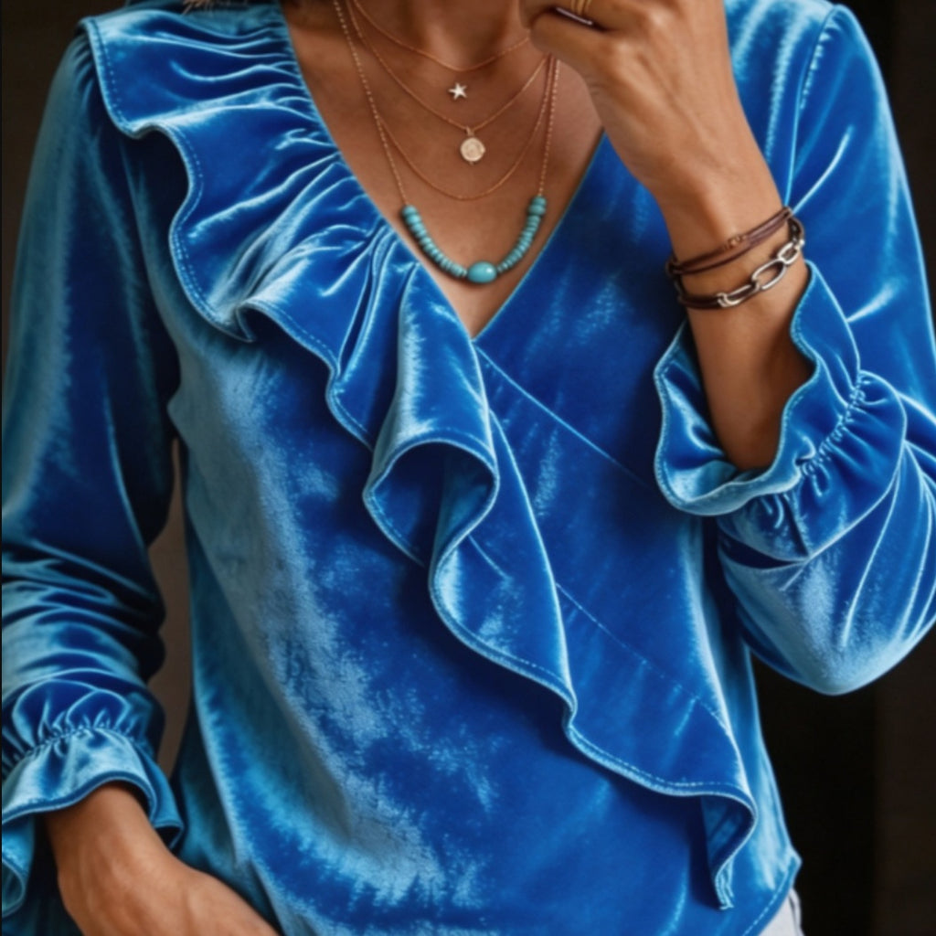 Womens Velvet V-neck Ruffled Top