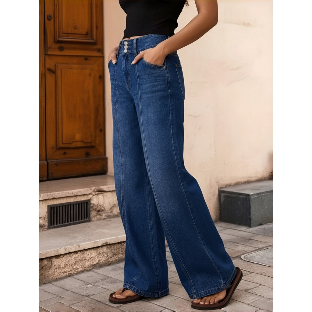 US Ready Stock Women High Waist Wide Leg Jeans Triple Button Denim Pants Front Seam Loose Fit Jeans Wholesale