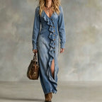 Fashionable Unisex-style Long-sleeve V-neck Split Dress