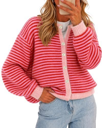 Hot Selling Women's Fall Winter Casual Striped Button Cardigan Knit Sweater Top