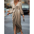 New Style Elegant Cross-Neck Pleated Slit Puff Sleeve Irregular Long-Sleeve Dress Women's Dress