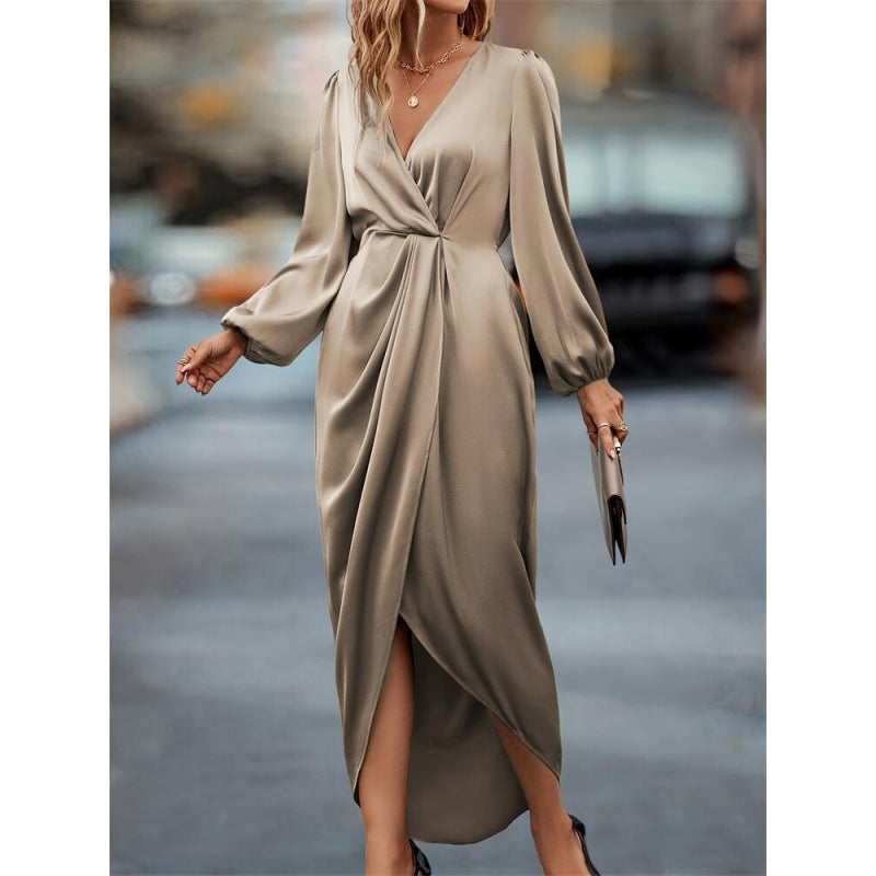 New Style Elegant Cross-Neck Pleated Slit Puff Sleeve Irregular Long-Sleeve Dress Women's Dress
