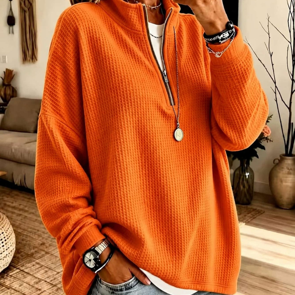 Womens Zip-up Half-neck Waffle-knit Hoodie Loose-fit Top