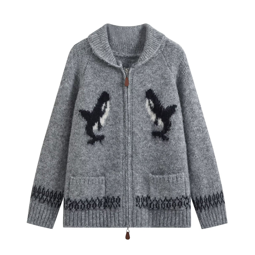 Fashionable Two-Way Zipper Shark Jacquard Embroidered Knit Cardigan