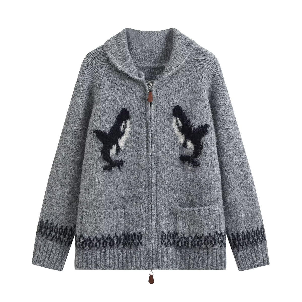Fashionable Two-Way Zipper Shark Jacquard Embroidered Knit Cardigan
