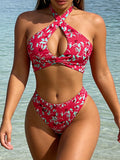 Women Red Leaf Floral Print Halter Bikini Set, Criss Cross Keyhole Neck High Cut Two Piece Swimsuit Beach Bathing Suit