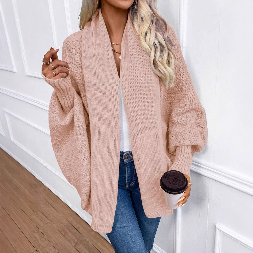 Solid-color, Large Lapel, Loose-fit Knitted Cardigan For Women