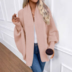 Solid-color, Large Lapel, Loose-fit Knitted Cardigan For Women