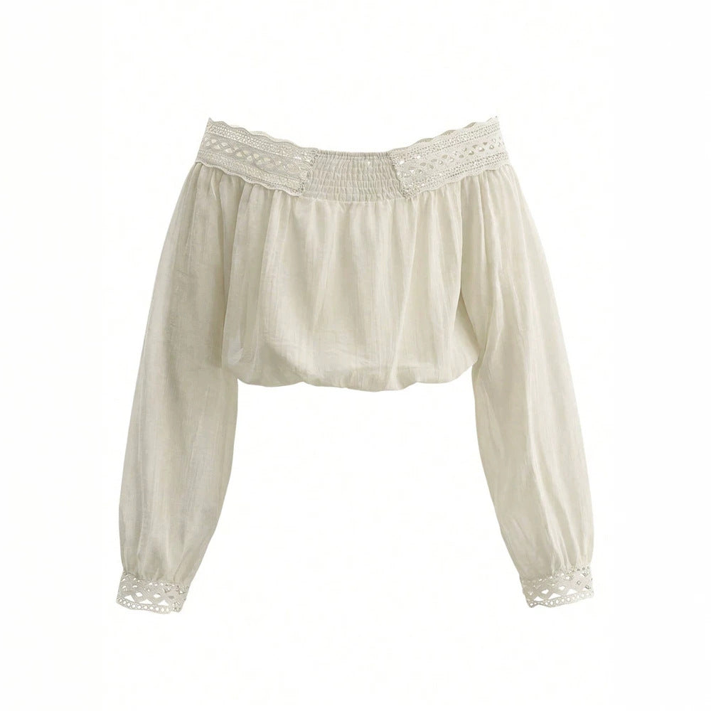 Womens One-shoulder Waist-cinching Lace-panel Long-sleeve Top With Tie Detailing