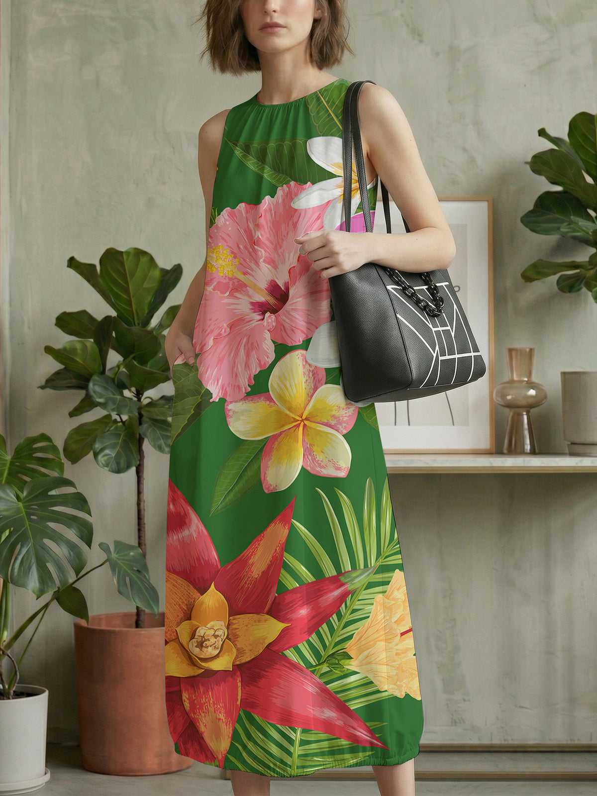 Women's Digital-Print Lantern Long Dress