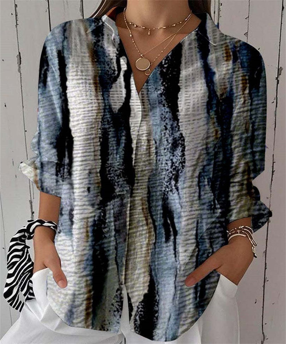 Women Tie Dye Print Button Down Shirt, Long Sleeve Lapel V Neck Casual Blouse