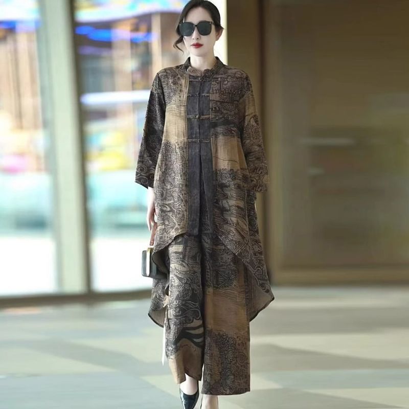 Retro Asymmetrical Top And Wide-leg Pants Two-piece Set