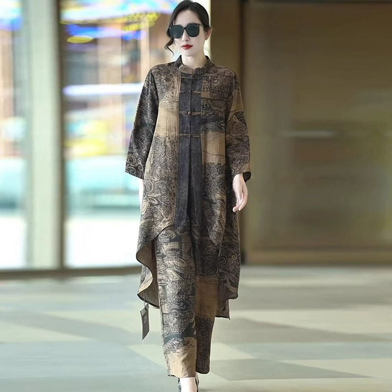 Retro Asymmetrical Top And Wide-leg Pants Two-piece Set