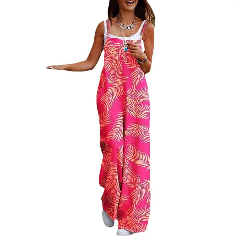 Fashion Women's Printed Crossbody Pocket Wide-Leg Jumpsuit