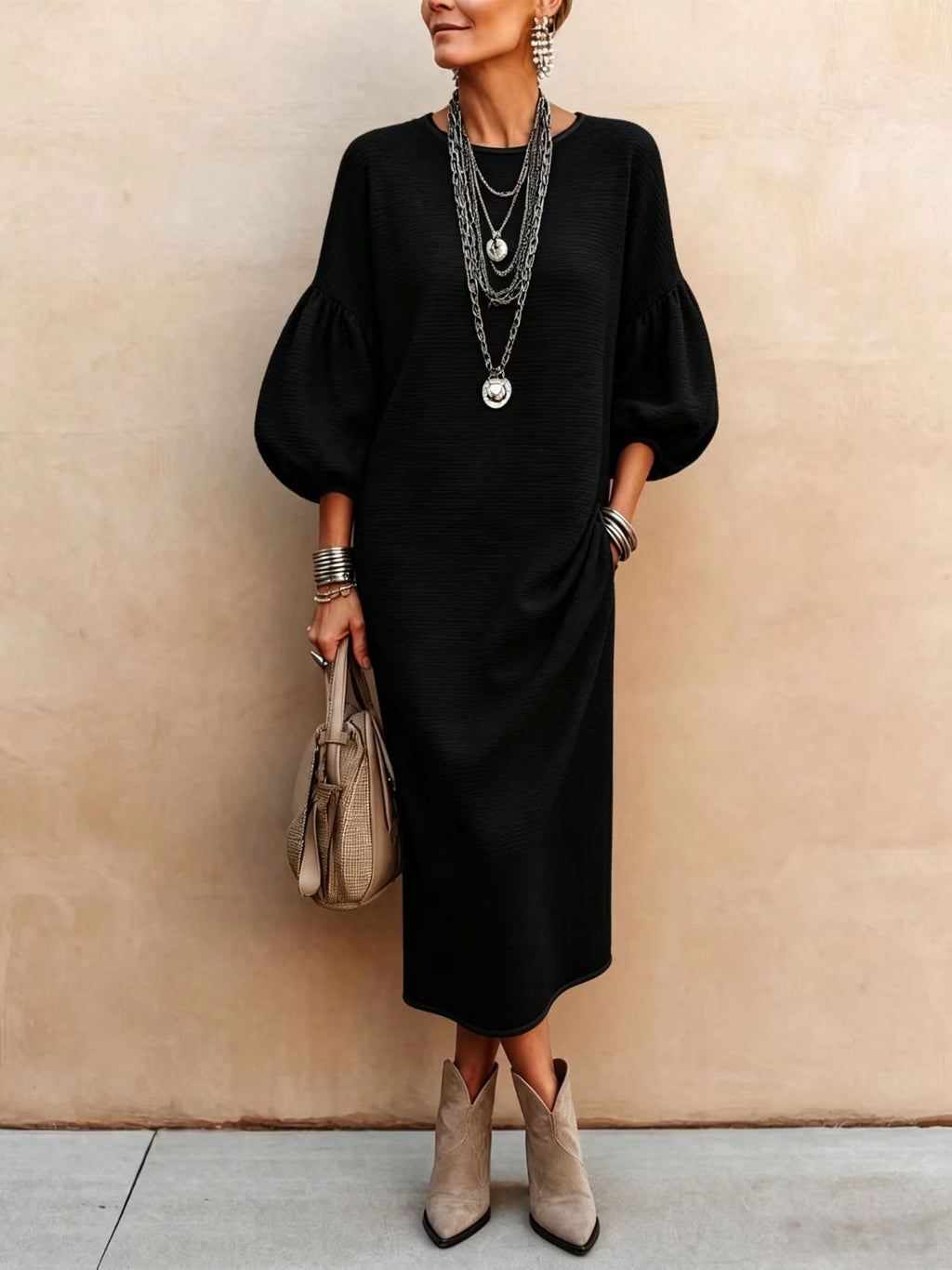 Womens Knitted Mid-Length Dress With Bubble Sleeves
