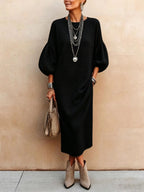 Womens Knitted Mid-Length Dress With Bubble Sleeves