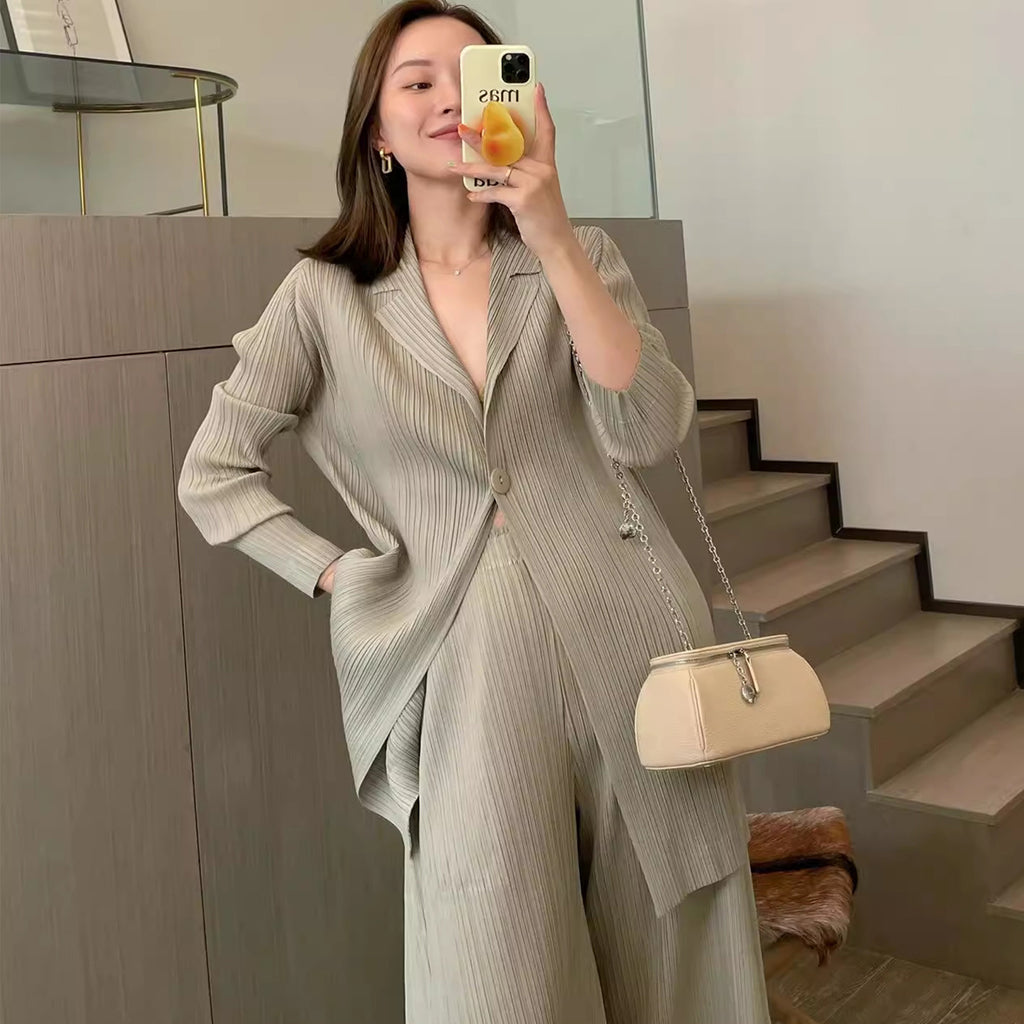 Women Pleated Cardigan Set Minimalist Casual Two Piece Outfit Long Sleeve Jacket And Pants Suit