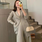 Women Pleated Cardigan Set Minimalist Casual Two Piece Outfit Long Sleeve Jacket And Pants Suit