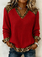 Womens Long-Sleeved Leopard-Print Patchwork V-Neck Knit Sweater