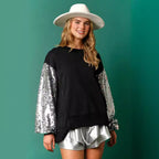 Christmas Sequined Sleeve Top Spliced Long-Sleeve Womens Sweatshirt